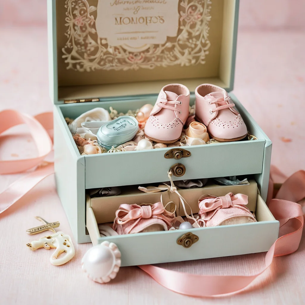 Открытая шкатулка 'Мамины сокровища' с миниатюрными предметами для новорожденного, такими как пинетки и контейнер для первого зуба, демонстрирующая идею сохранения памятных моментов в технике скрапбукинга.