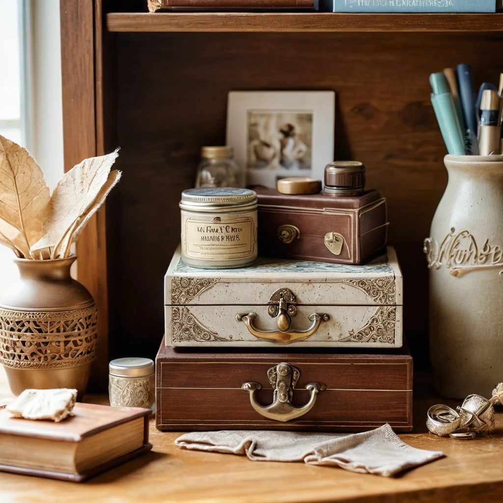 Красиво оформленная шкатулка 'Мамины сокровища', бережно хранящаяся на деревянной полке среди других памятных вещей, с намеком на уход и вдохновение для создания новых проектов в технике скрапбукинга.