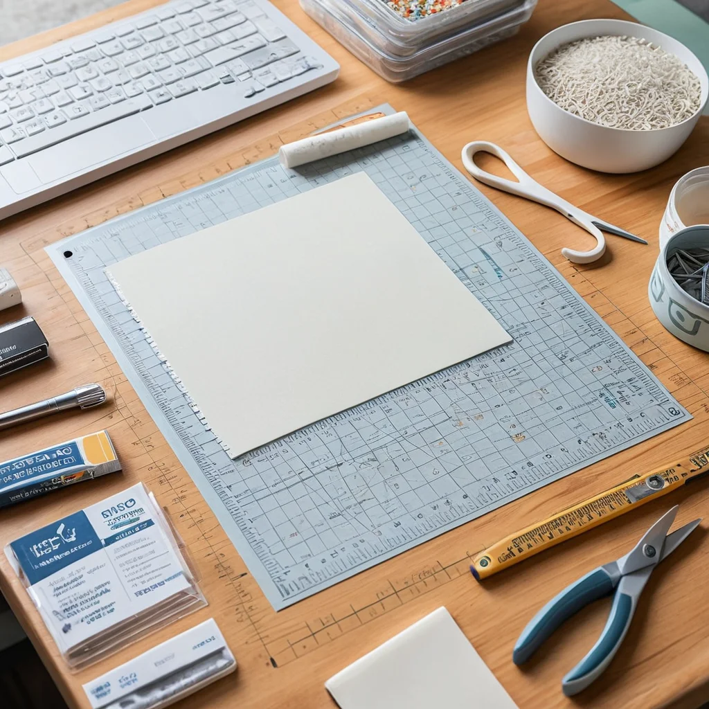 Аккуратно организованное рабочее место скрапбукера с ковриком для резки, линейками и основными инструментами, подчеркивающее важность безопасности и порядка при создании 'Маминых сокровищ' и других проектов.
