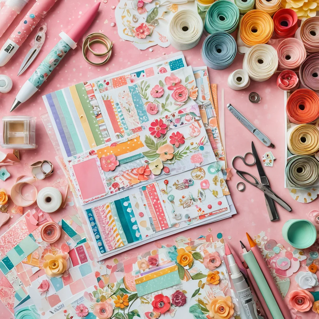 Плоская раскладка разнообразных материалов и инструментов для скрапбукинга: стопки дизайнерской бумаги, декоративные элементы, ленты, клей и ручка крафтового ножа, демонстрирующие необходимые принадлежности для создания 'Маминых сокровищ'.
