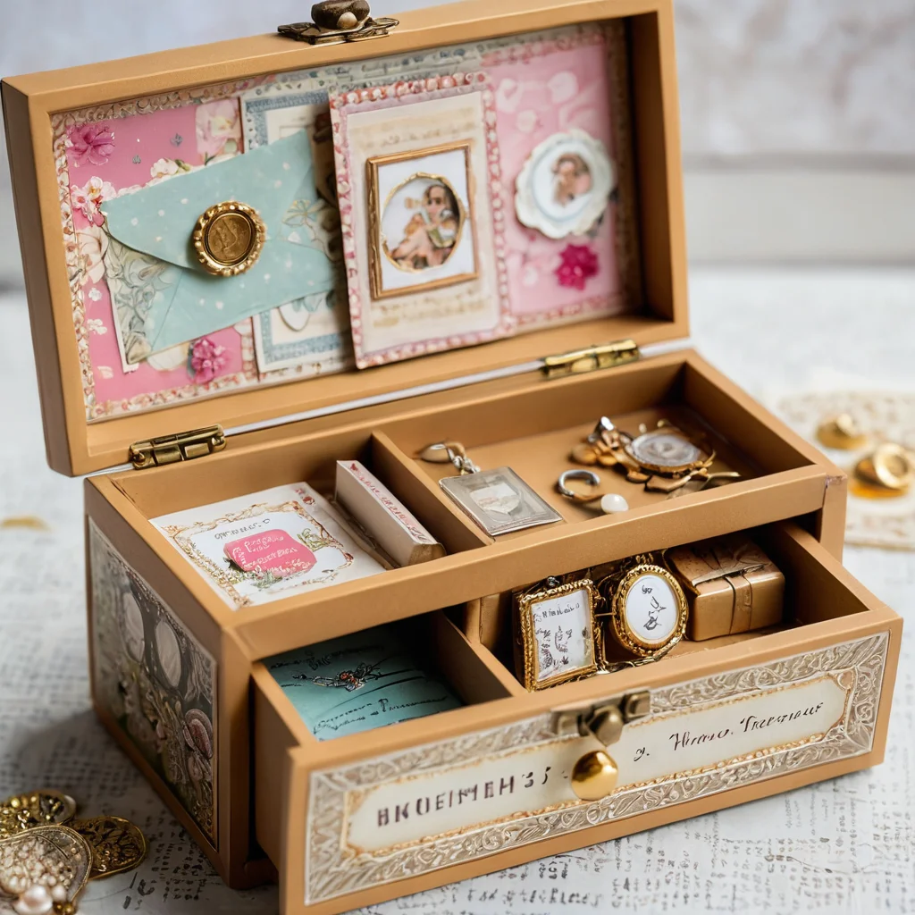 Крупный план внутренней части шкатулки 'Мамины сокровища' с уже декорированными ячейками, украшенными миниатюрными кармашками, конвертами и скрап-бумагой, демонстрирующий процесс персонализации.