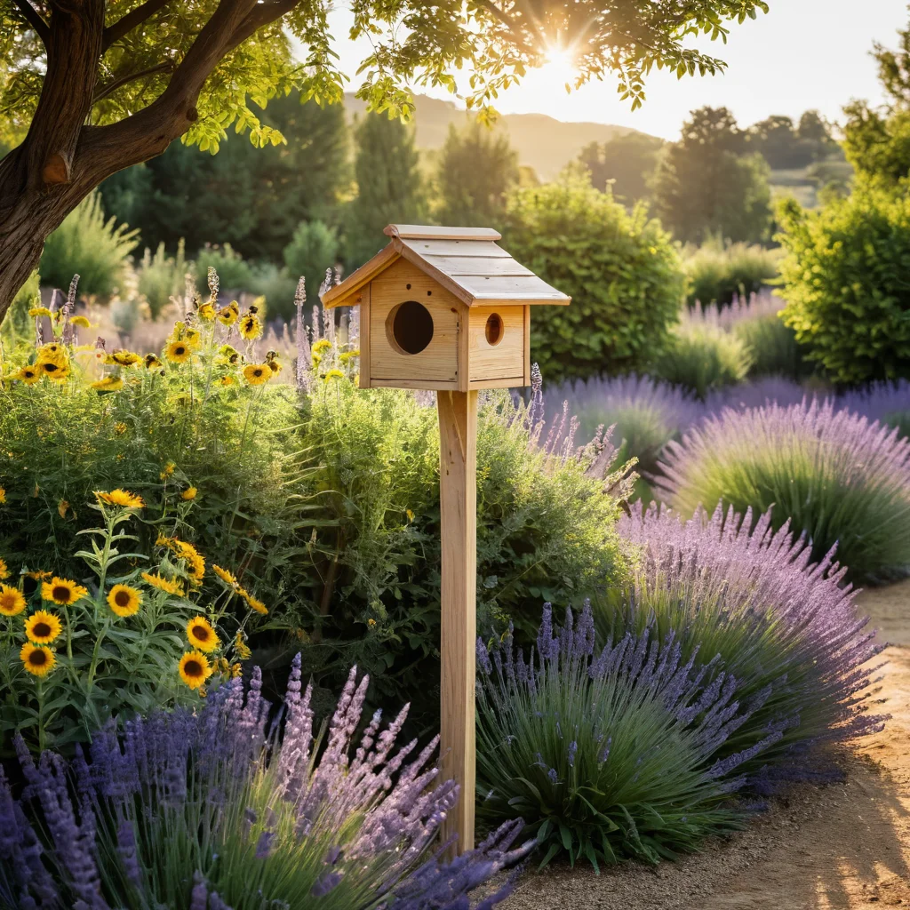 Созданный своими руками деревянный пчелиный улей, установленный на столбе в солнечном и защищенном уголке сада, рядом с цветущими растениями.