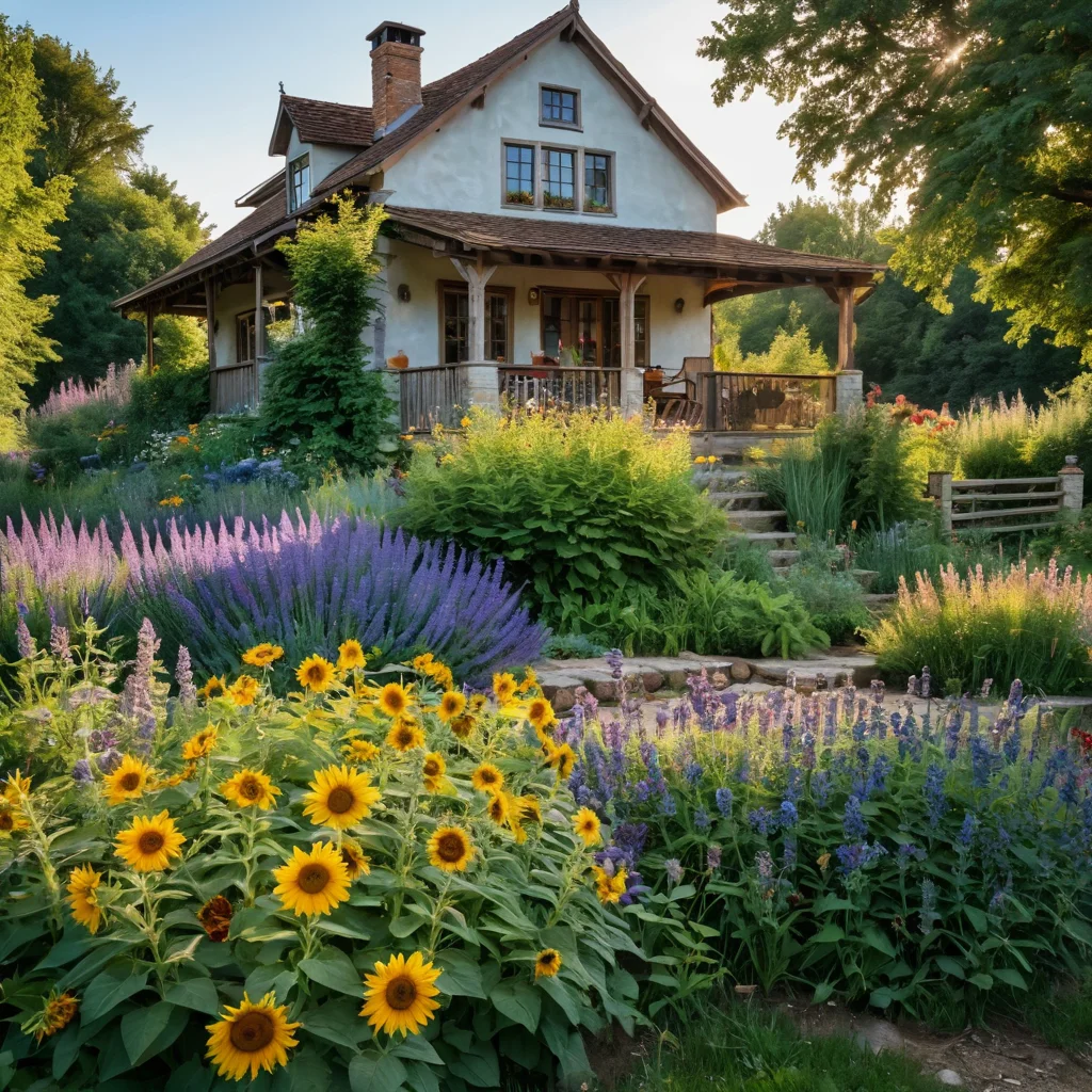 Сад, полный медоносных растений, таких как лаванда и подсолнухи, привлекающих пчел к пчелиному улью, с акцентом на яркие цветы и насекомых.