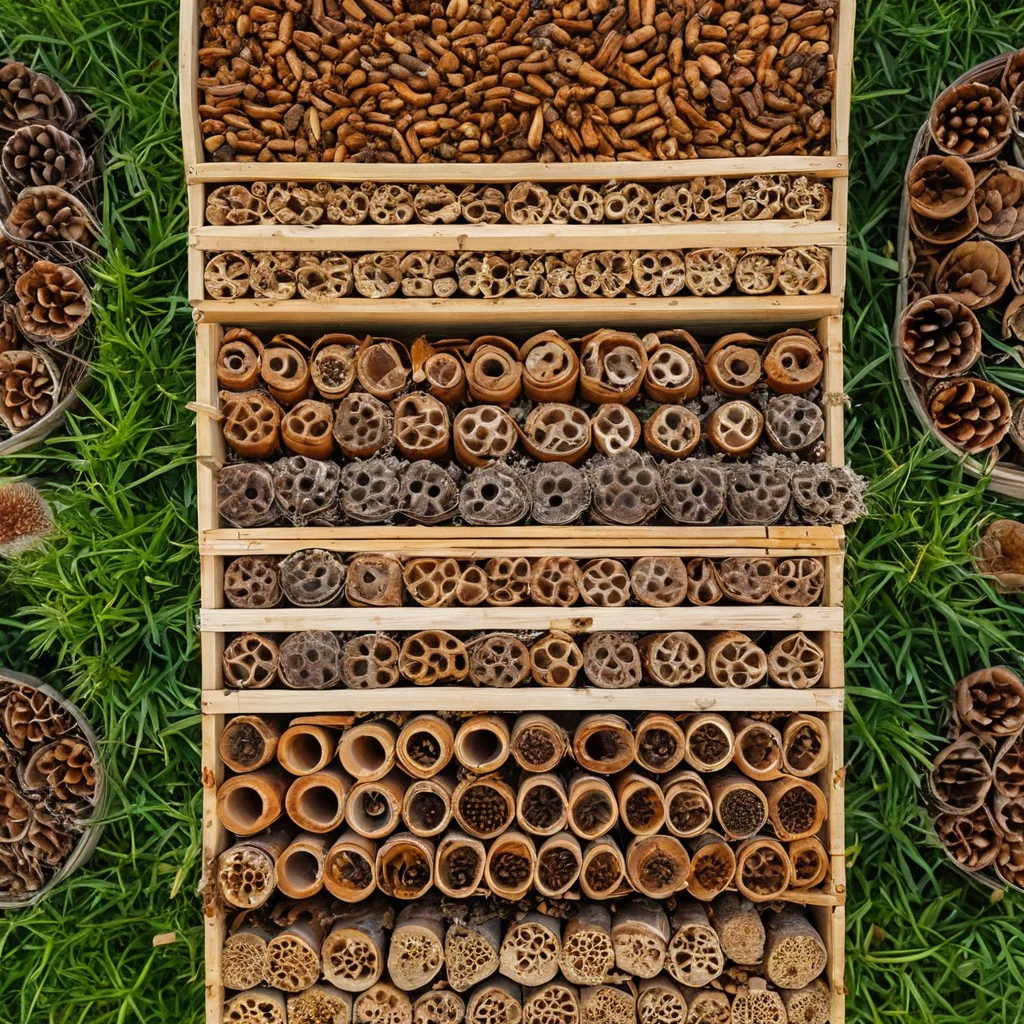 Крупный план материалов и инструментов, необходимых для постройки пчелиного улья: деревянные заготовки, бамбуковые трубки, шишки, садовые инструменты.