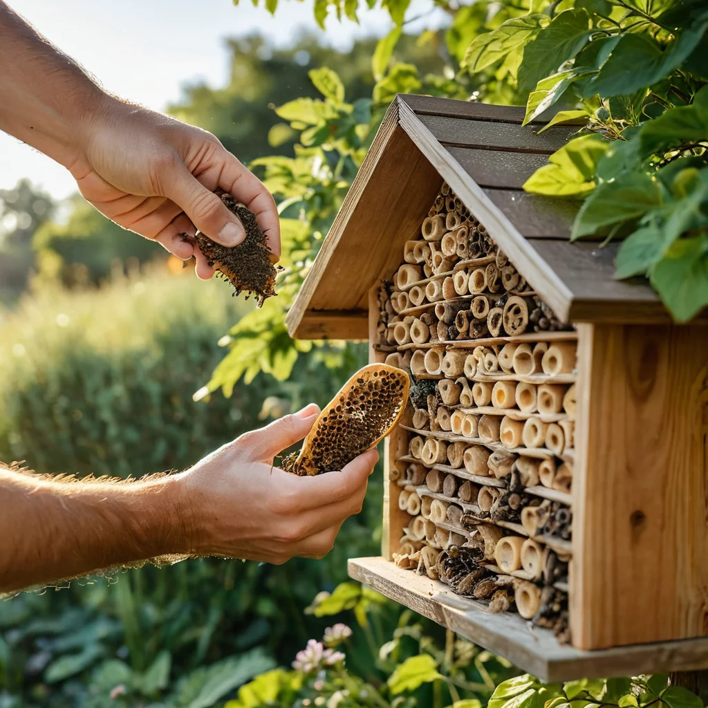 Садовод аккуратно чистит пчелиный улей мягкой щеткой, демонстрируя уход и безопасность для его обитателей.