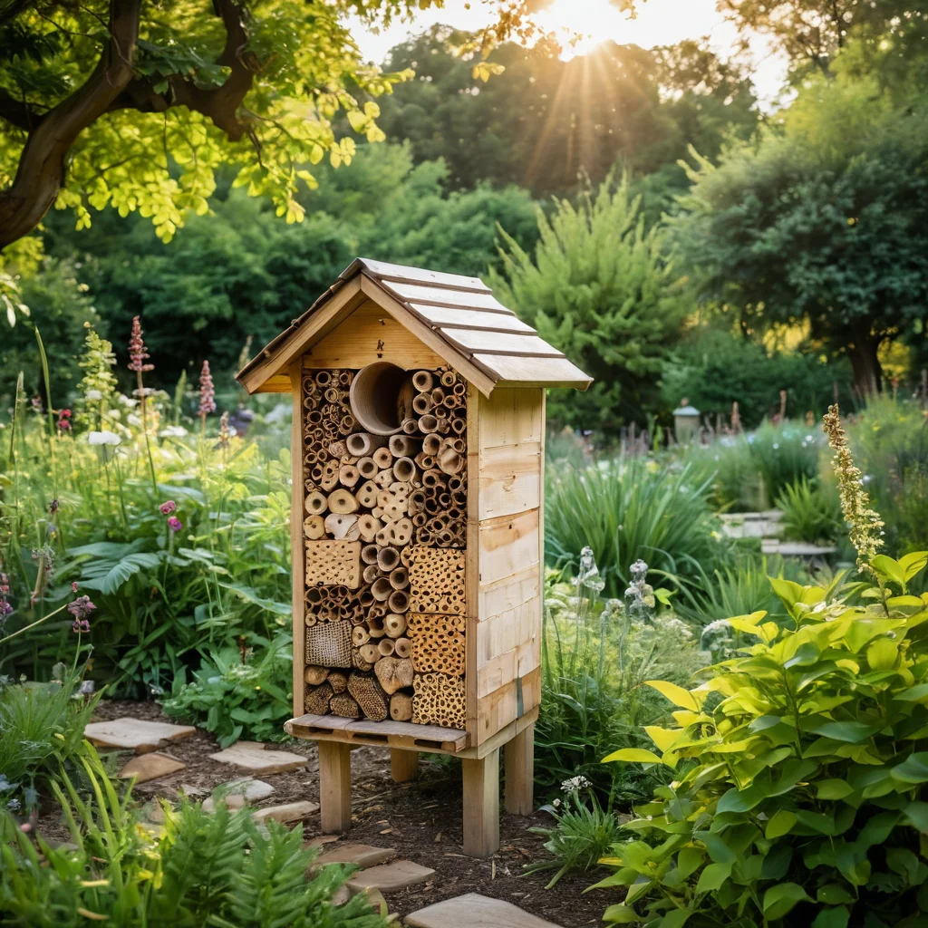Разнообразные варианты пчелиных домиков и ульев, от простых деревянных конструкций до дизайнерских решений, представленные в саду.