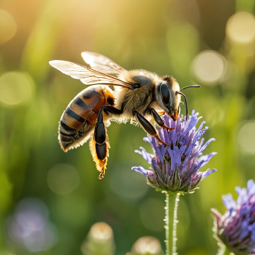 Пчела-опылитель в ярком цветущем лугу на закате, символизирующая пользу улья для сада и природы.