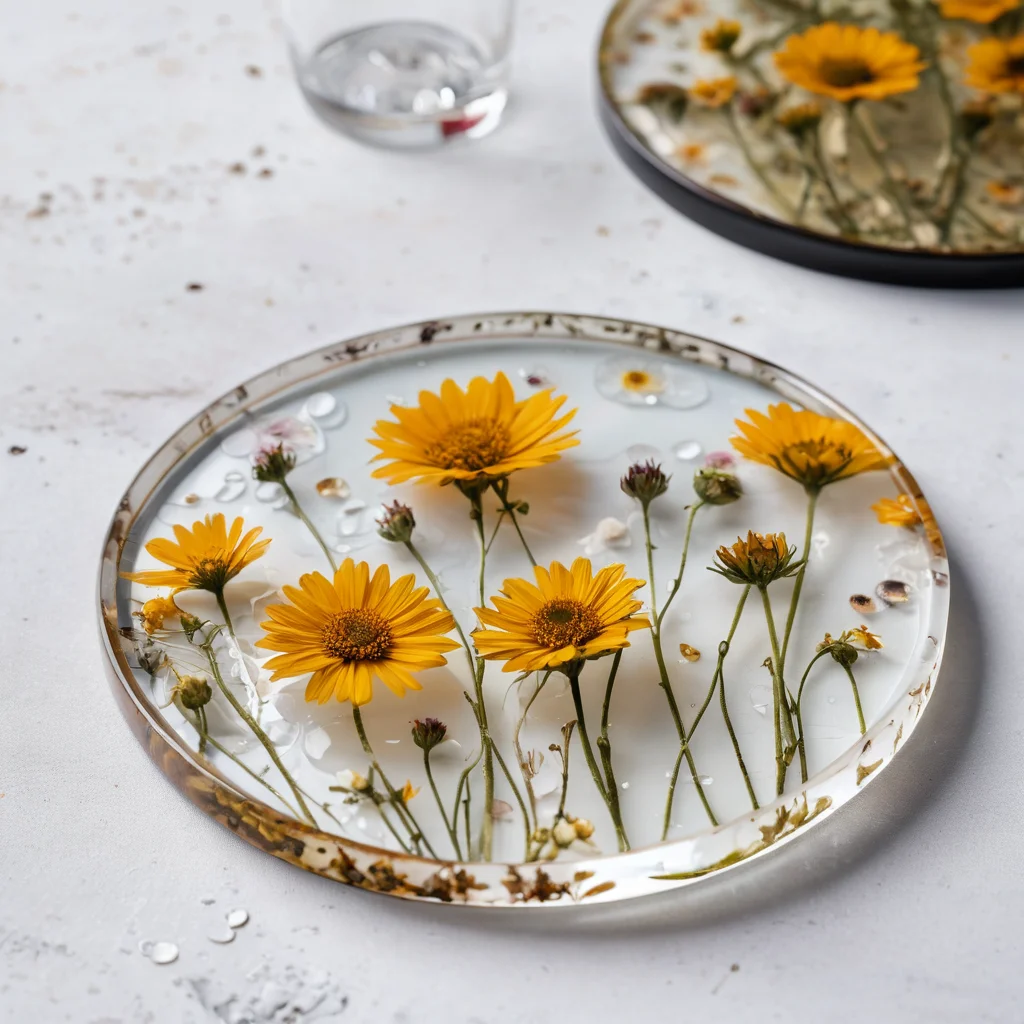 Крупный план подстаканника из эпоксидной смолы с типичными ошибками новичков: множественные воздушные пузырьки, мутные участки и неравномерно распределенные сухоцветы, демонстрирующий частые проблемы, которые нужно избегать.