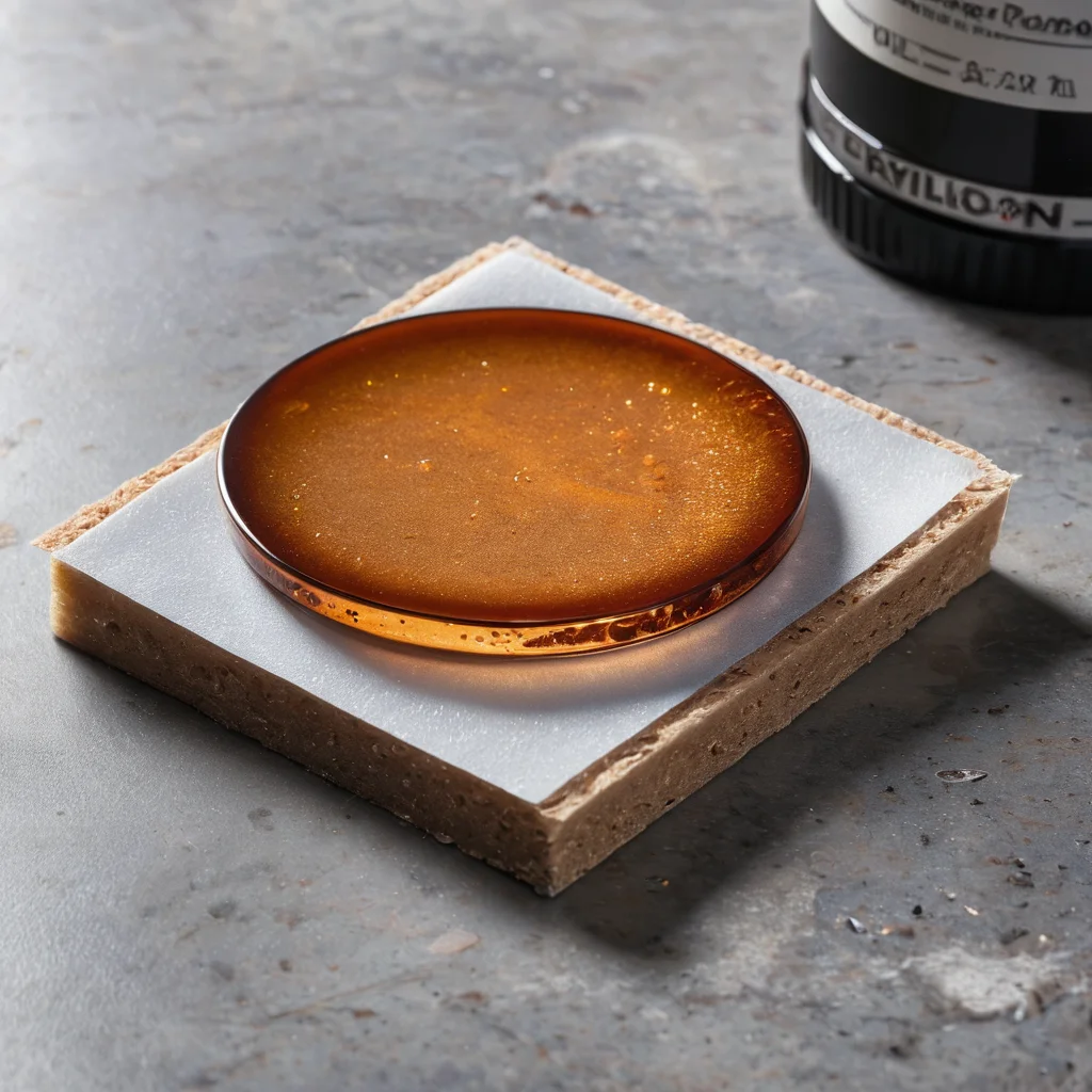 Крупный план идеально отполированного подстаканника из эпоксидной смолы с глянцевой поверхностью, отражающей свет, рядом расположены абразивные материалы и полировальная паста, подчеркивающие важность финальной обработки для достижения безупречного вида.