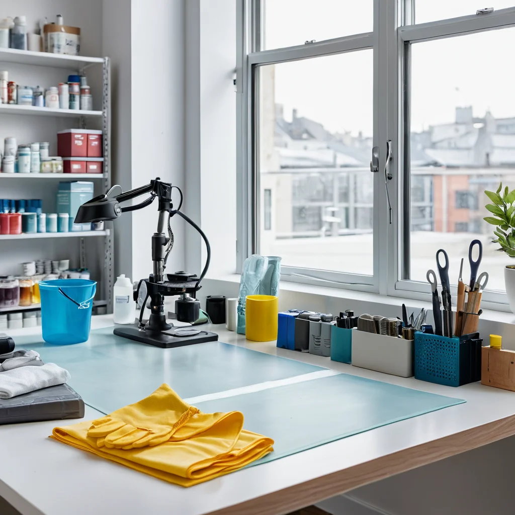 Идеально организованное и безопасное рабочее пространство для работы с эпоксидной смолой, включающее защитный коврик, перчатки, респираторную маску и открытое окно для вентиляции, подчеркивающее важность соблюдения правил безопасности при создании изделий из смолы и сухоцветов.
