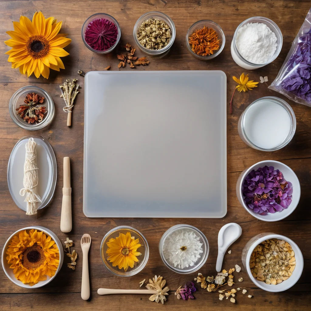 Аккуратно разложенные на рабочем столе все необходимые материалы и инструменты для создания подстаканников из эпоксидной смолы: бутылки со смолой и отвердителем, разнообразные силиконовые формы, сухие цветы, мерные стаканы, палочки для смешивания и защитные перчатки.