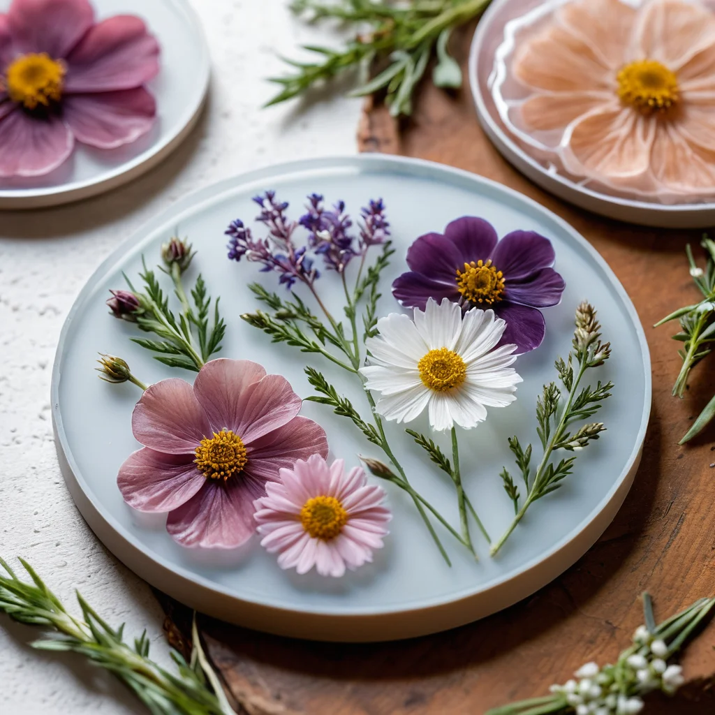 Крупный план силиконовой формы для подстаканника, заполненной тонким фиксирующим слоем прозрачной эпоксидной смолы, на котором аккуратно разложены сухоцветы, что предотвращает их всплытие на первом этапе создания.