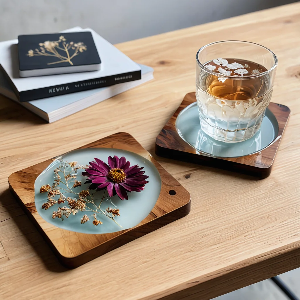 Два изящных готовых подстаканника из эпоксидной смолы с сухоцветами, стильно расположенные на деревянном кофейном столике рядом с чашкой чая, демонстрирующие долговечность изделий и вдохновляющие на новые творческие проекты в декоре.