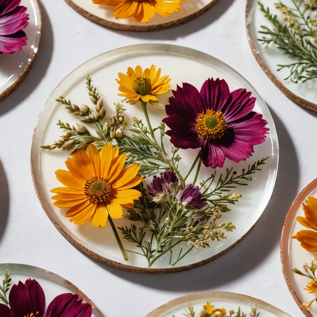 Крупный план изящного готового подстаканника из прозрачной эпоксидной смолы с искусно залитыми сухоцветами, демонстрирующий красоту и изящество этого ремесла при естественном освещении.