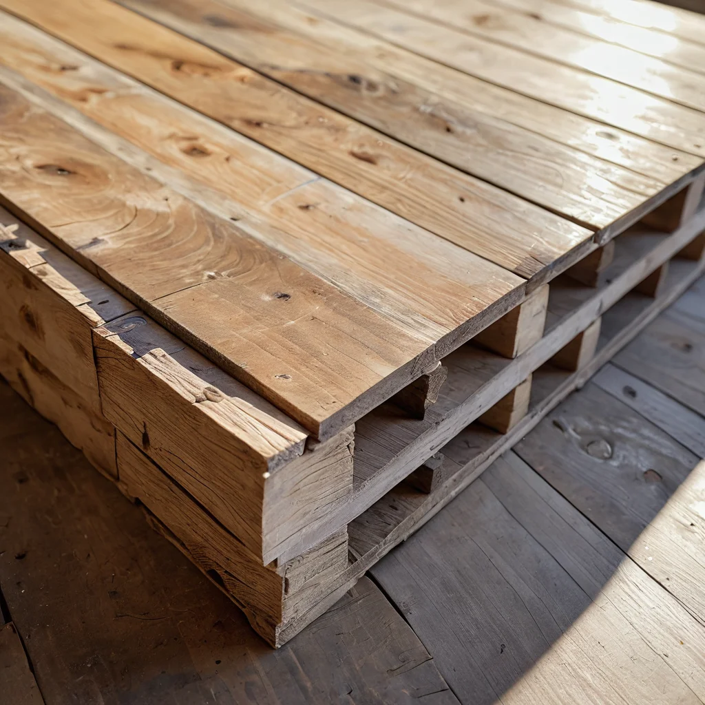 Крупный план деревянной паллеты с акцентом на текстуру дерева и проверяемые элементы, как будто выбирается идеальная паллета для DIY-проекта.
