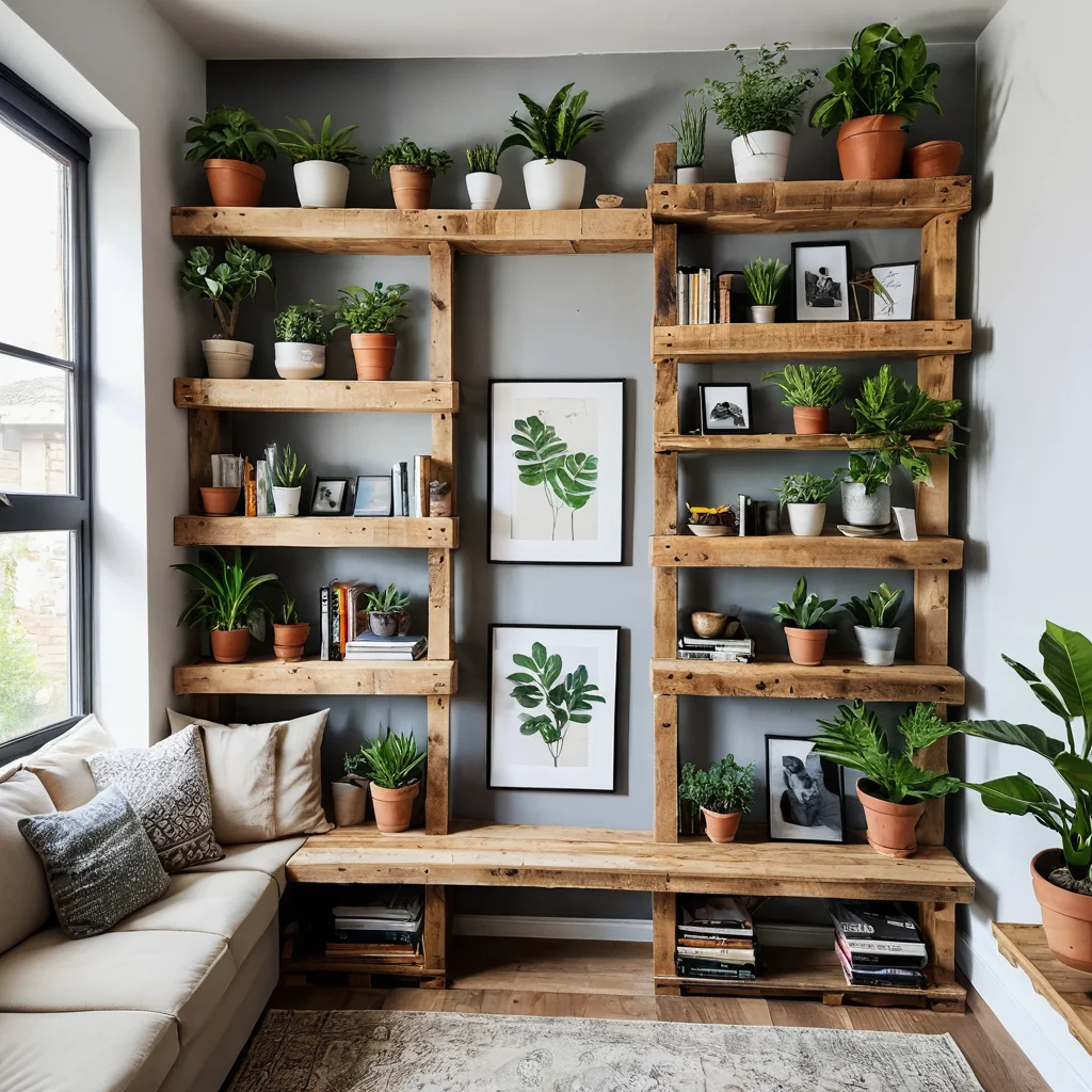 Вдохновляющий интерьер гостиной в стиле лофт с полками из паллет, на которых расставлены растения и книги, демонстрирующий идеи адаптации декора.