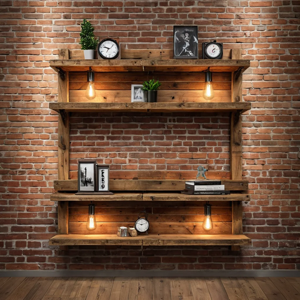 Брутальные полки из деревянных паллет в стиле лофт, расположенные на фоне кирпичной стены, демонстрирующие бюджетное DIY-решение для интерьера.