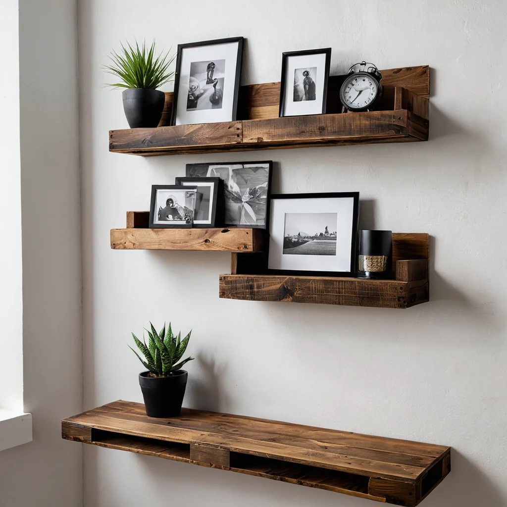 Готовая полка из паллет с темной морилкой и матовым лаком, установленная на стене в современной квартире в стиле лофт, демонстрирующая профессиональную финишную отделку.