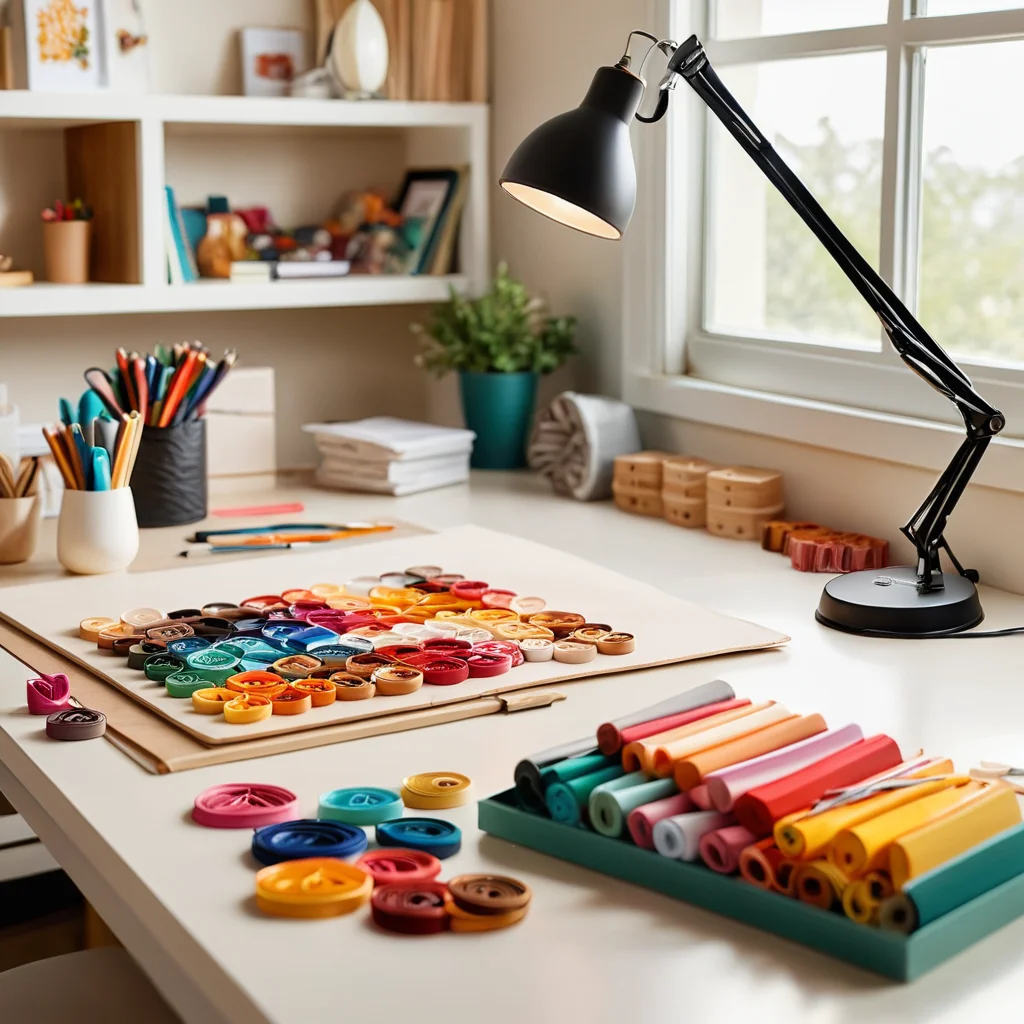 Идеально организованное рабочее место для квиллинга, залитое естественным светом от окна и дополнительным освещением от настольной лампы, с аккуратно разложенными материалами, подчеркивающее важность эргономики и безопасности для комфортной работы.