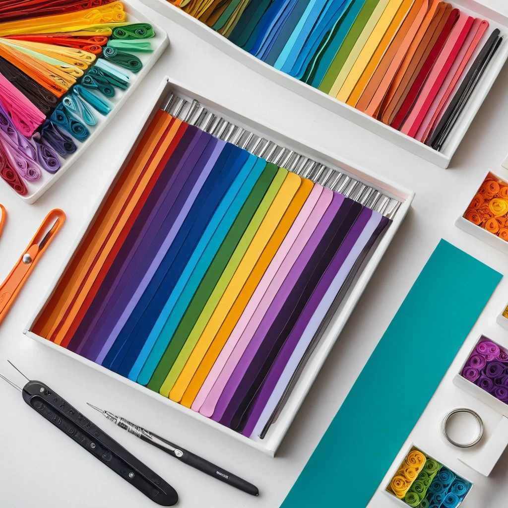 Изображение сверху (flat lay) аккуратно разложенных инструментов и материалов для квиллинга: разноцветные бумажные полоски, инструмент для скручивания, пинцет, клей, доска для квиллинга, линейка с кругами, демонстрирующее полный набор для начинающих и опытных мастеров.