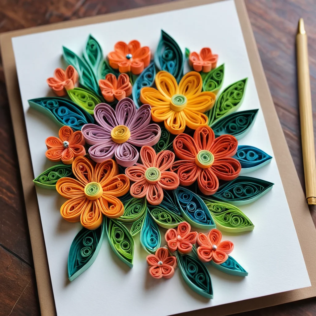 Красивая, законченная открытка ручной работы в технике квиллинг с нежным цветочным узором, лежащая на деревянном столе. Изображение демонстрирует результат первого мастер-класса по созданию открытки или панно, от идеи до готовой композиции.