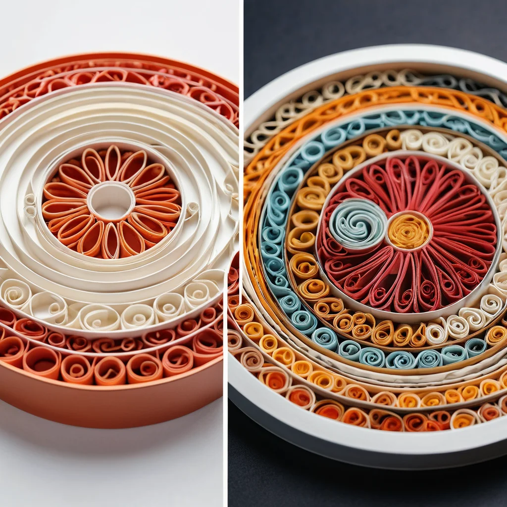 Сравнительное изображение, демонстрирующее типичные ошибки в квиллинге (неровные спирали, следы клея, помятая бумага) на одной стороне и безупречно выполненные, аккуратные элементы на другой, помогая избежать разочарований и улучшить качество работ.