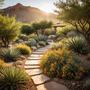 Умиротворяющий пустынный садик, созданный как ксерискейп-оазис на даче, с засухоустойчивыми растениями и теплыми оттенками, создающими атмосферу уюта.