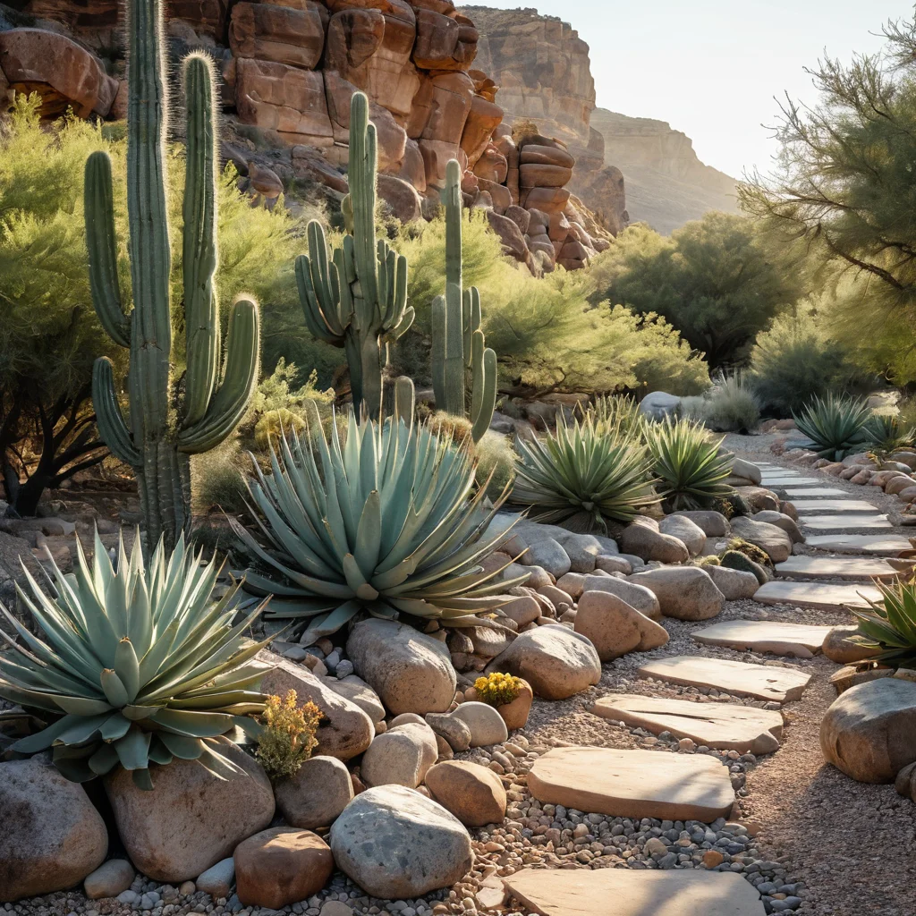 Ключевые элементы пустынного садика: минималистичная композиция из суккулентов, гравийные дорожки и состаренные камни, имитирующие засушливые земли.