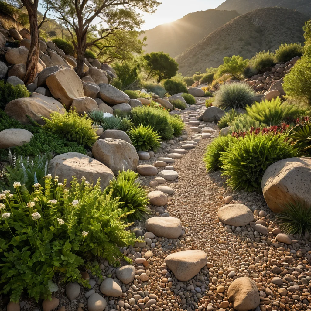 Камни и материалы для пустынного уголка: крупный валун, речные камни и декоративный гравий, создающие естественный рельеф на фоне песчаной почвы.