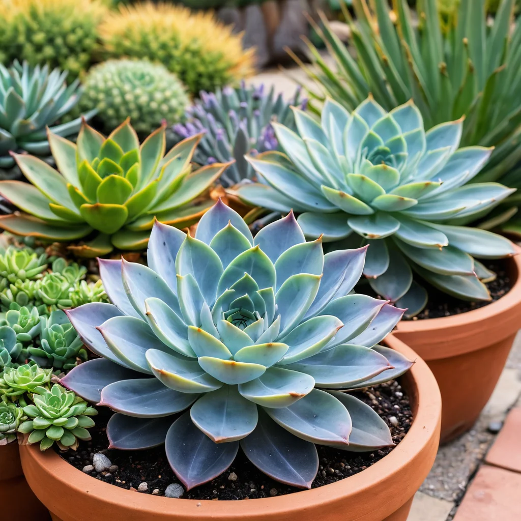 Разнообразие неприхотливых растений для пустынного садика: суккуленты, такие как эхеверия и агава, в терракотовых горшках, а также засухоустойчивые цветы, вроде лаванды.