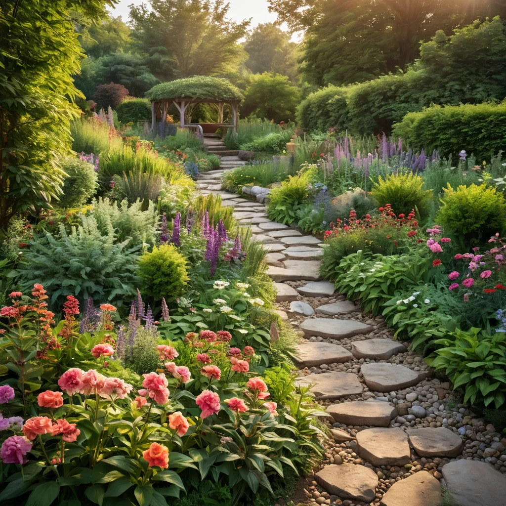 Изображение цветущей цветочной реки, извивающейся по саду, демонстрирующее тренд в дизайне ландшафта.