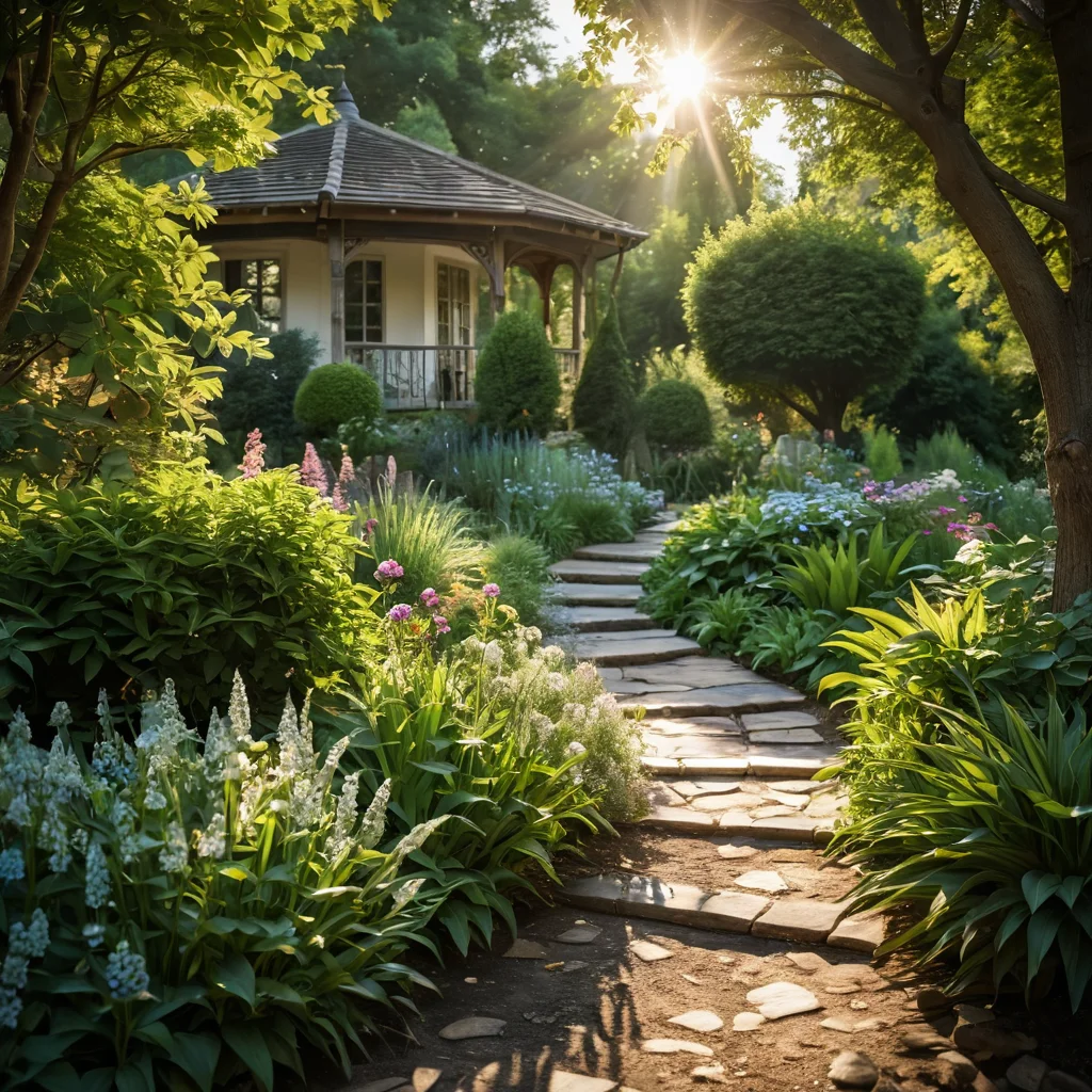 Солнечный уголок сада, выбранный как идеальное место для будущей цветочной реки, с мягким фокусом на заднем плане.