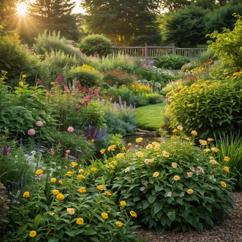 Крупный план цветочной реки с различными по высоте и цвету растениями, демонстрирующий продуманное сочетание для садового дизайна.