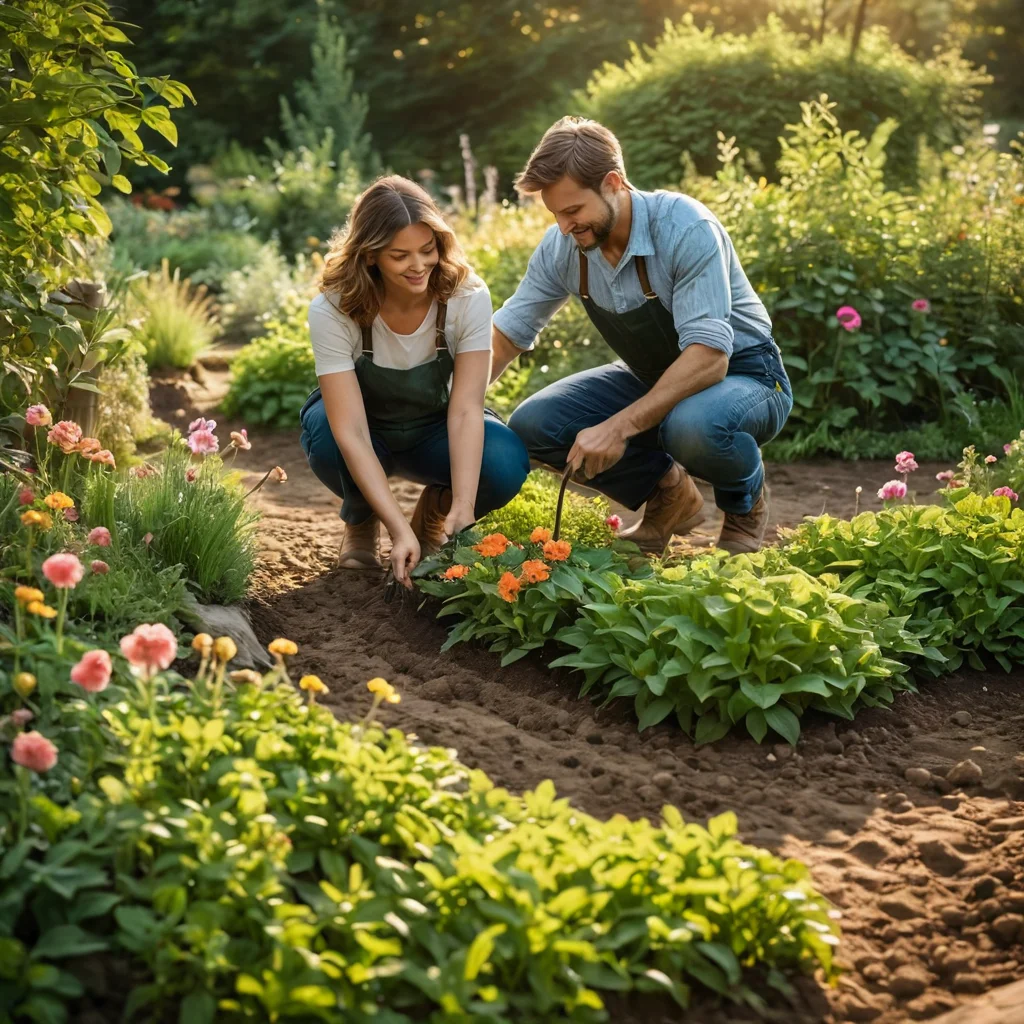 Садовод, высаживающий цветы, создающий русло для цветочной реки, с использованием садовых инструментов и плодородной почвы.