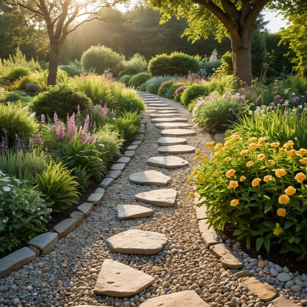 Декоративные 'берега' и 'русло' цветочной реки, созданные из натурального камня и гравия, обрамляющие цветочные композиции.