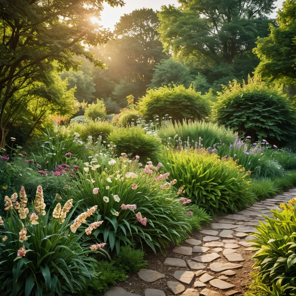 Плавный переход цветов в цветочной реке, создающий эффект спокойного течения, среди зелени сада.