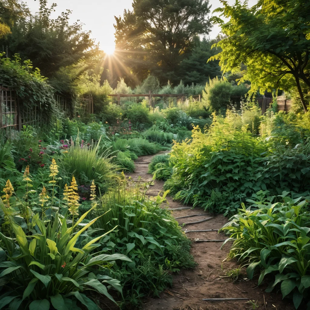 Визуализация частой ошибки при создании съедобной клумбы: заросшая и запущенная грядка с сорняками, слабыми растениями и недостаточным урожаем, контрастирующая с ухоженным садом.