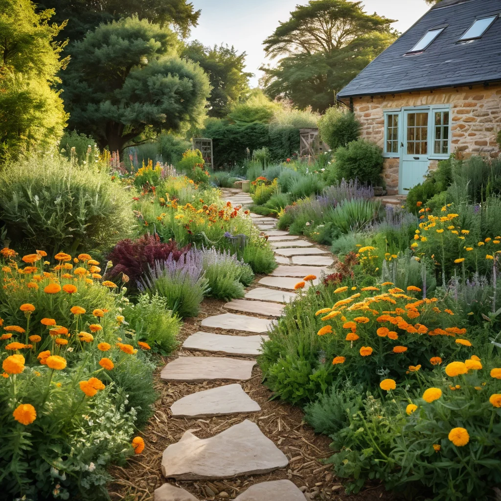 Красиво спроектированная съедобная клумба с цветами и травами, демонстрирующая принципы дизайна: ярусные посадки, бордюры из бархатцев и тимьяна, яркие овощные грядки и уютные изгибы.