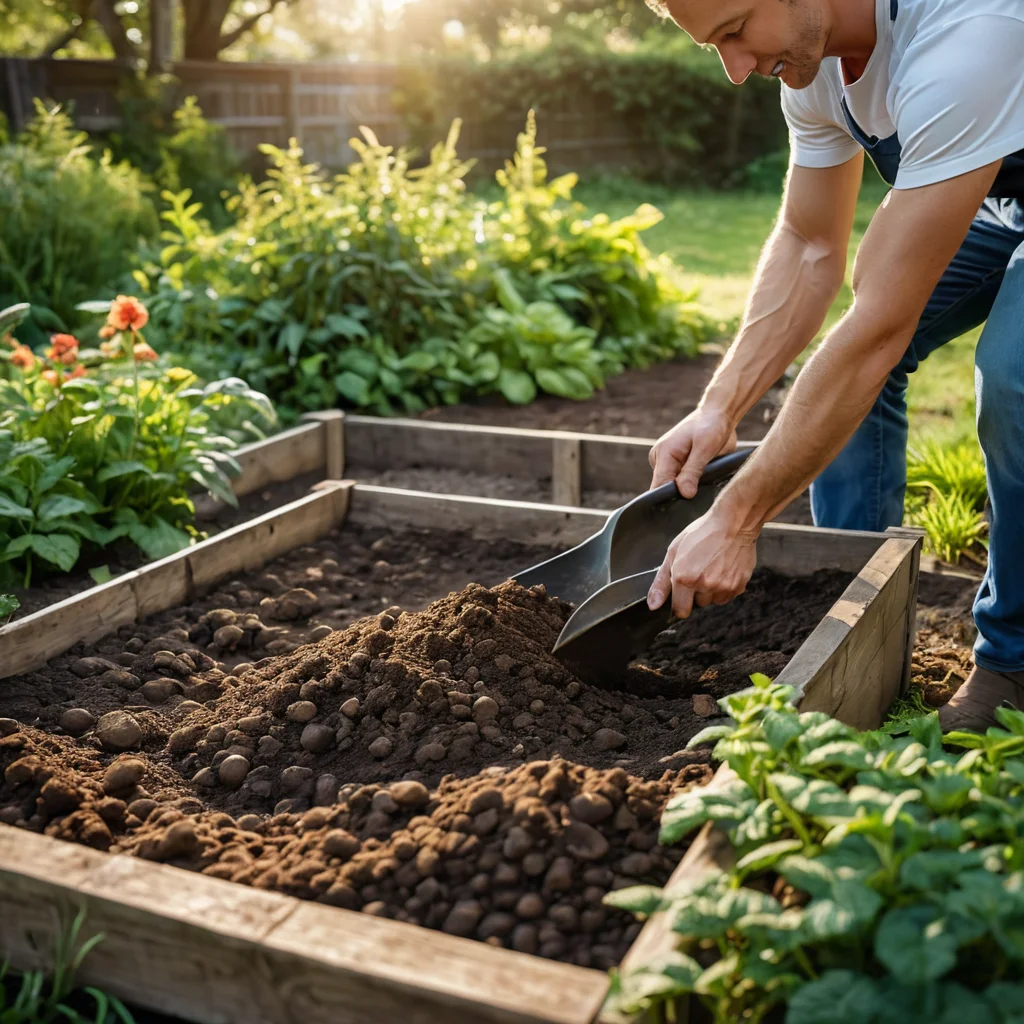 Садовод подготавливает почву для съедобной клумбы, перекапывая и обогащая плодородную землю компостом, с тачкой и инструментами рядом, в ярком дневном свете.