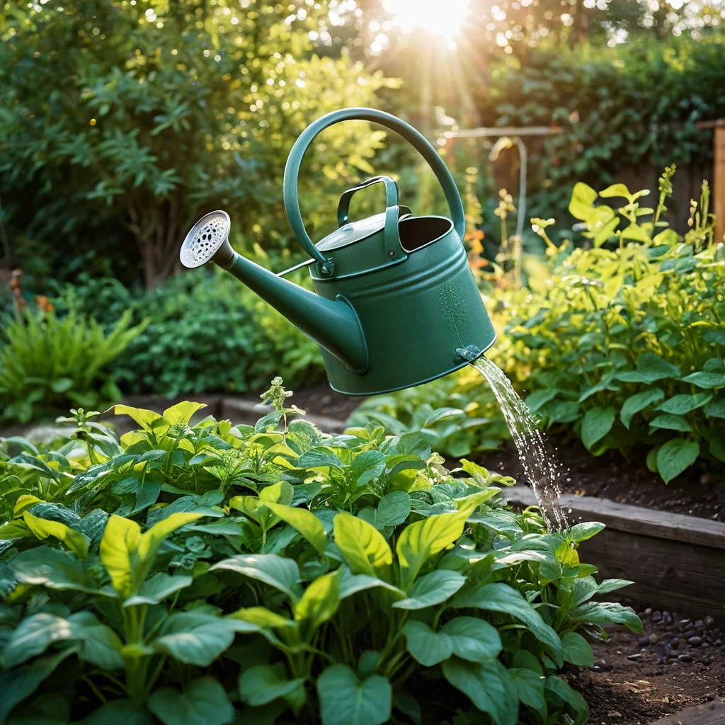Крупный план процесса полива съедобной клумбы: садовая лейка, капли воды на сочной зелени овощей и трав, освещенные солнечным светом, подчеркивающие уход и заботу.