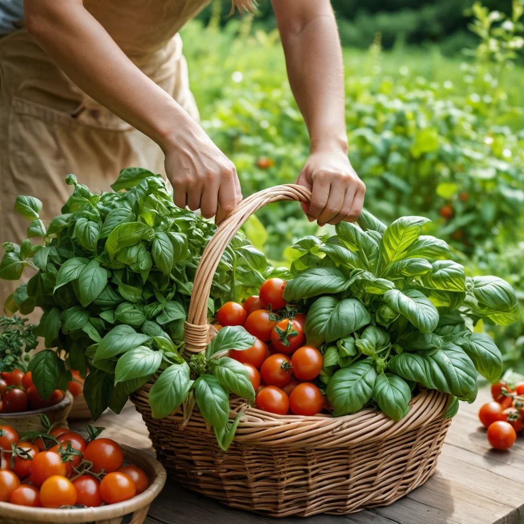 Процесс сбора урожая свежей зелени с съедобной клумбы: руки собирают листья базилика, рядом корзина с клубникой и спелыми помидорами, демонстрируя изобилие и свежесть.