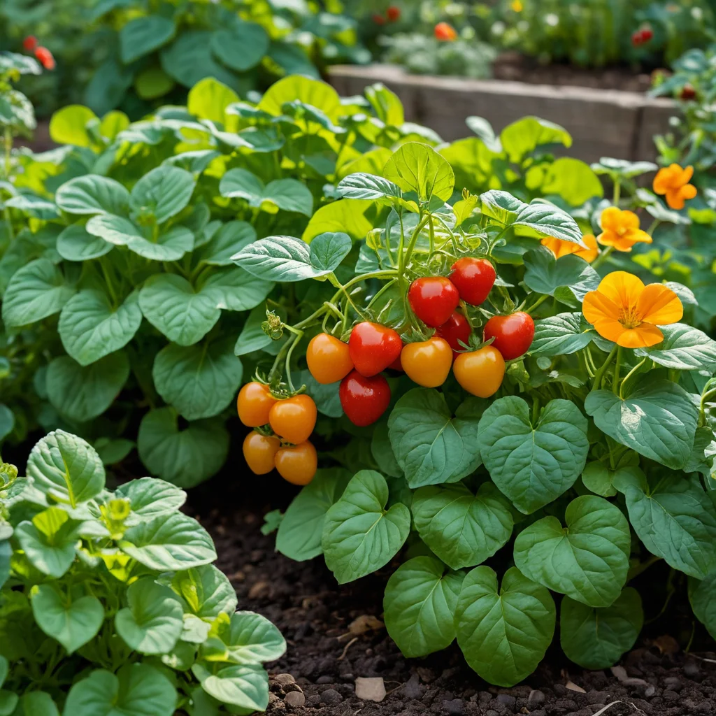 Крупный план разнообразных съедобных растений для клумбы: яркий базилик, спелая клубника, разноцветные настурции, свежая мята, томаты и кулинарные травы, демонстрирующие богатство выбора.