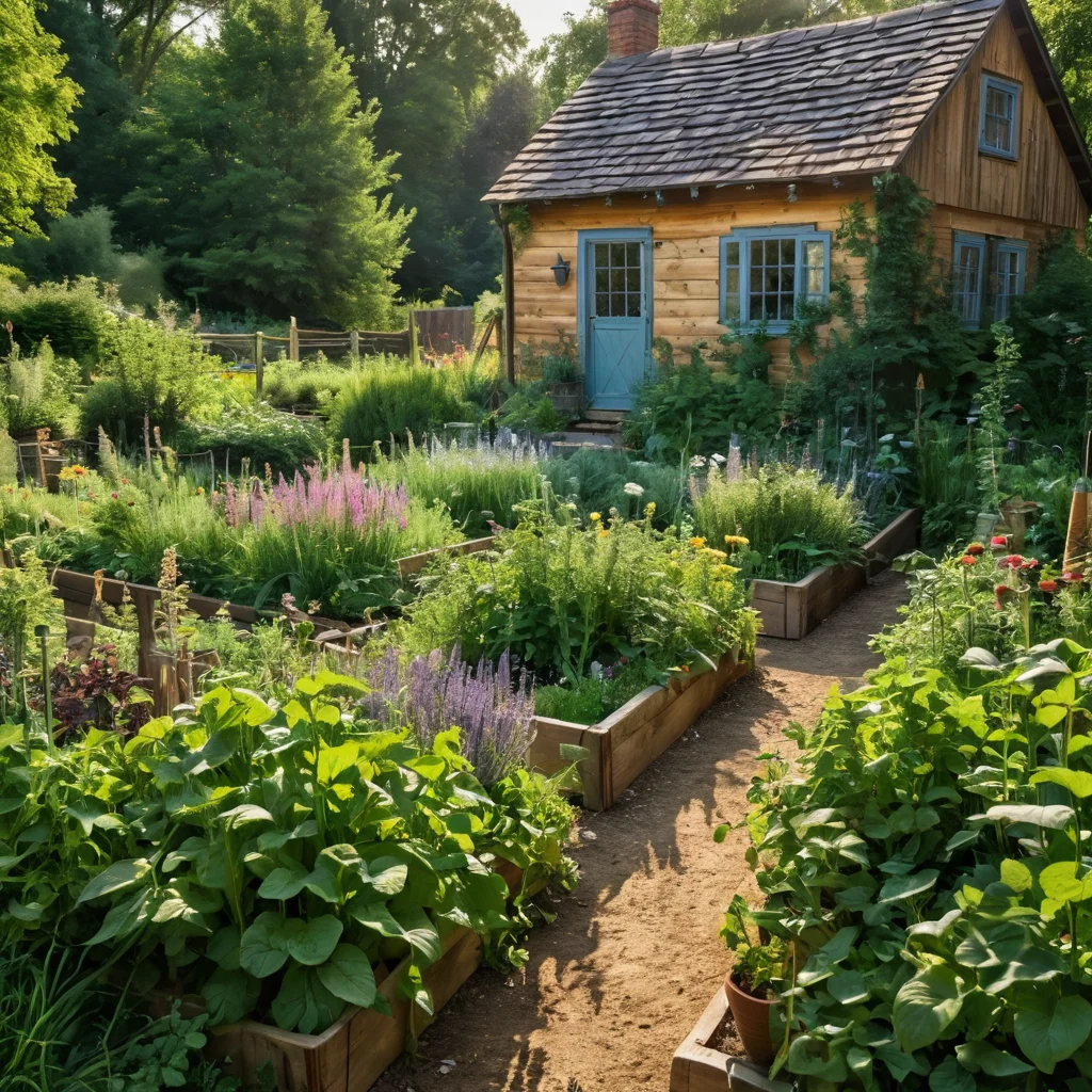 Вдохновляющий вид на пышный съедобный сад с приподнятыми грядками, наполненными разнообразными травами, овощами и съедобными цветами, залитый мягким солнечным светом, создающий атмосферу деревенского очарования.