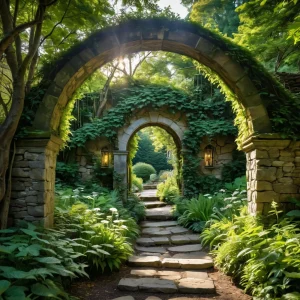 Фотореалистичное изображение входа в пышный зеленый секретный сад, увитый плющом арочный проход, замшелые камни, пробивающийся сквозь листву солнечный свет, скрытая тропа, очаровательная, уединенная, уютный уголок, располагающая атмосфера.