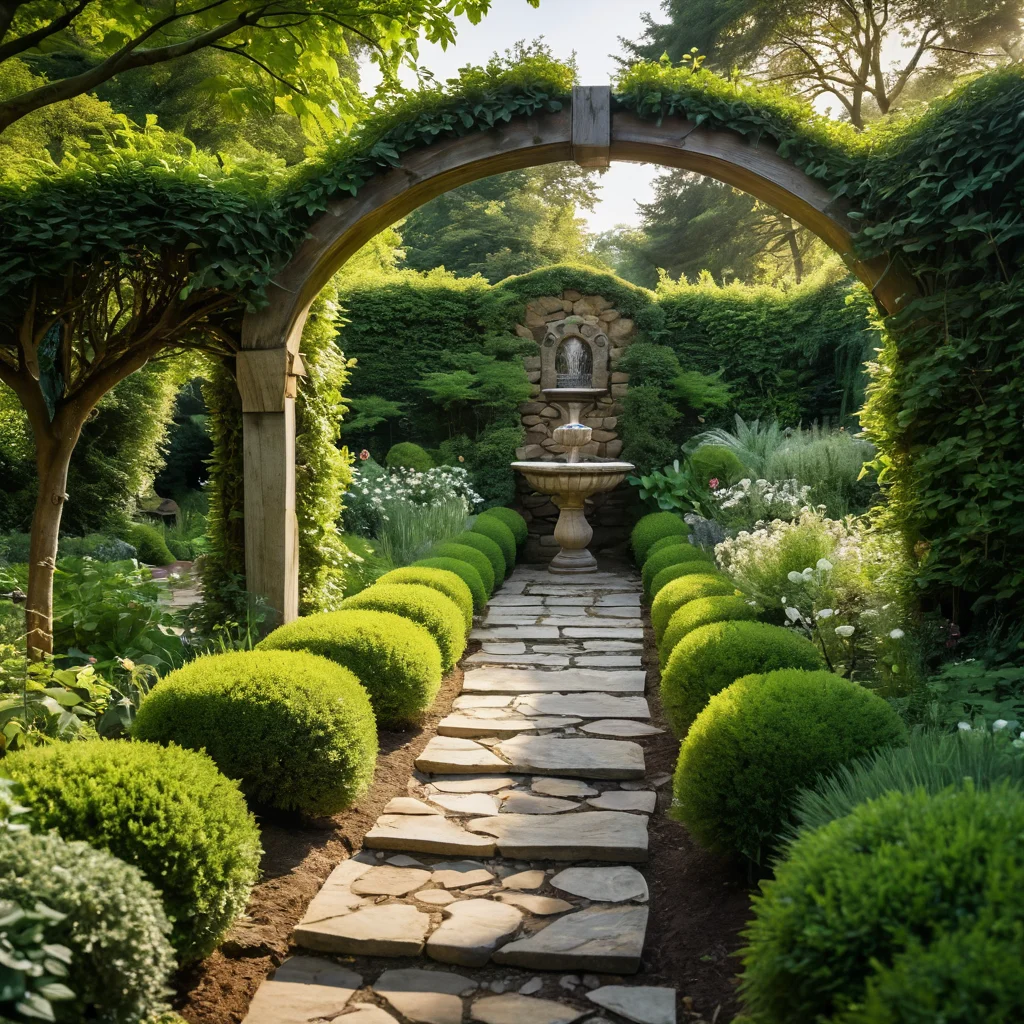 Фотореалистичное изображение зонирования секретного сада: натуралистичные живые изгороди, деревенский деревянный забор, каменные дорожки, уединенная зона отдыха, замшелый фонтан, арки с растениями, создающие приватность и очарование.