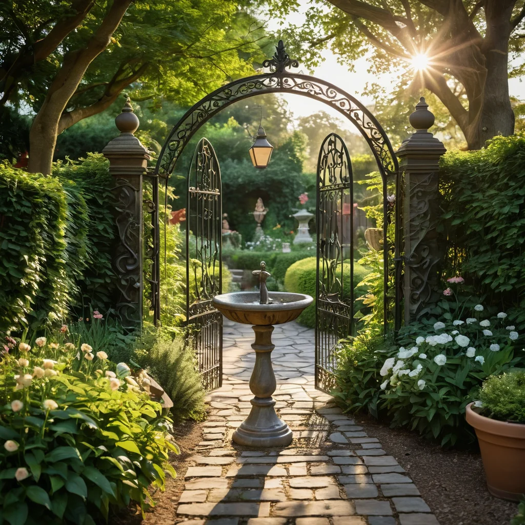 Фотореалистичное изображение декора секретного сада: винтажная поилка для птиц, кованые ворота, садовые статуи, терракотовые горшки, гирлянды, детали извилистой тропы, волшебные элементы, добавляющие саду очарования и уюта.