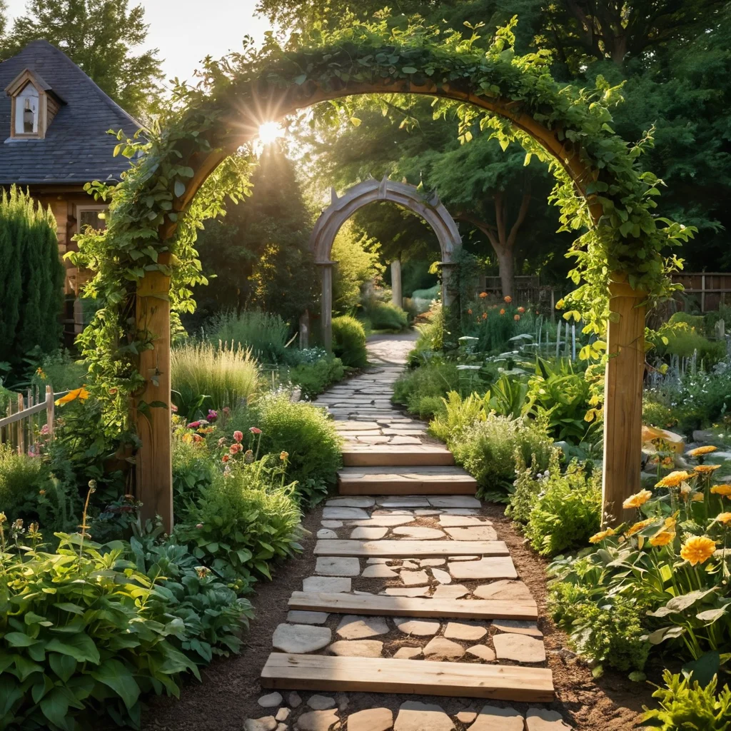 Фотореалистичное изображение процесса создания секретного сада своими руками: руки, сажающие цветы, садовые инструменты, деревянные доски, укладка каменной дорожки, строительство садовой арки, процесс создания уютного сада.