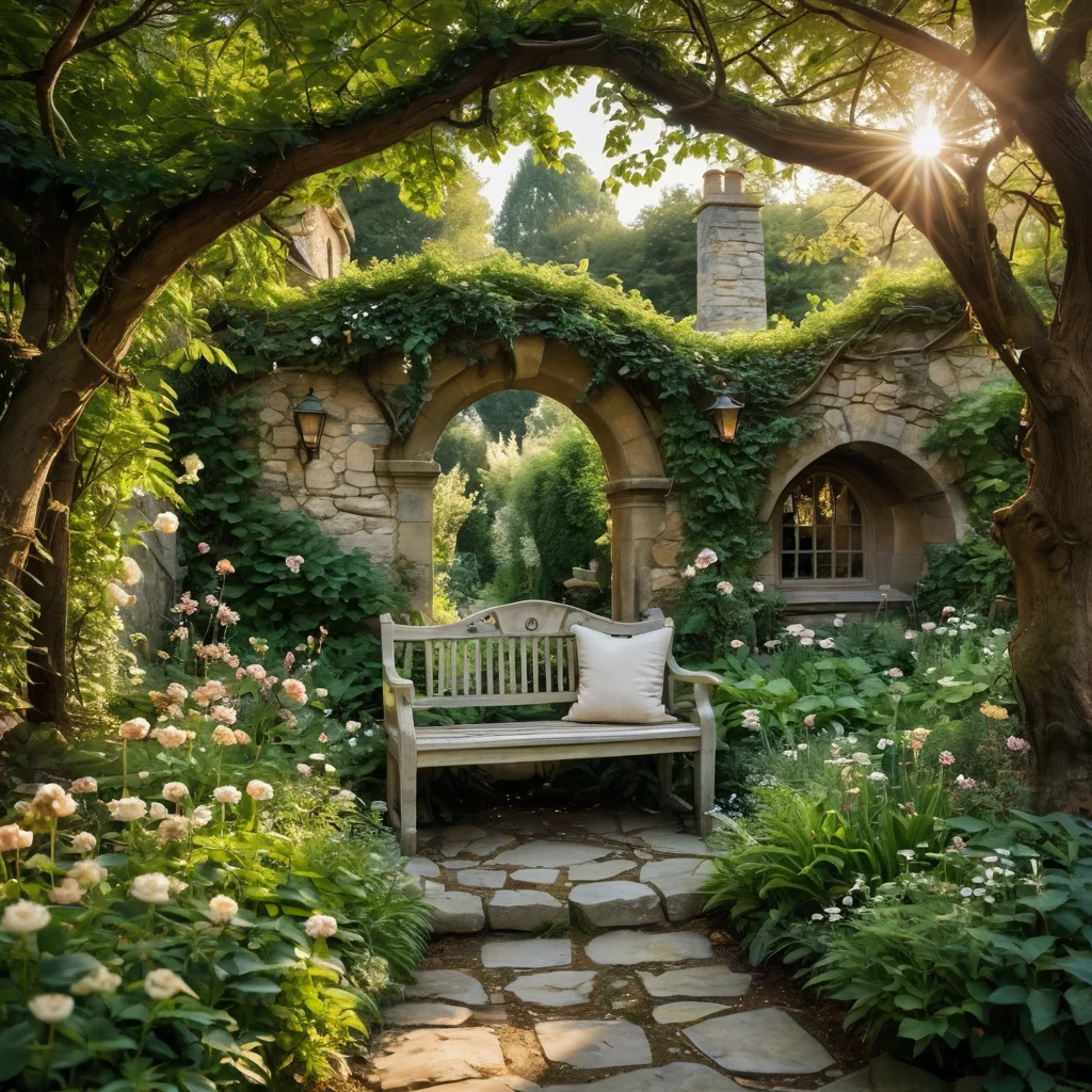 Фотореалистичное изображение сказочного секретного сада в стиле фэнтези, утопающего в цветах, с извилистыми тропинками, старой каменной скамьей, заросшими лозами, чарующим освещением, мистической атмосферой, романтичный секретный сад.