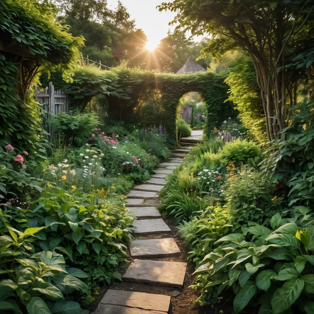 Фотореалистичное изображение типичных ошибок при создании секретного сада: заросшая сорняками тропа, излишний беспорядок, отсутствие уединения, неудачно подобранные растения, хаотичная планировка, исправление ошибок в дизайне сада.