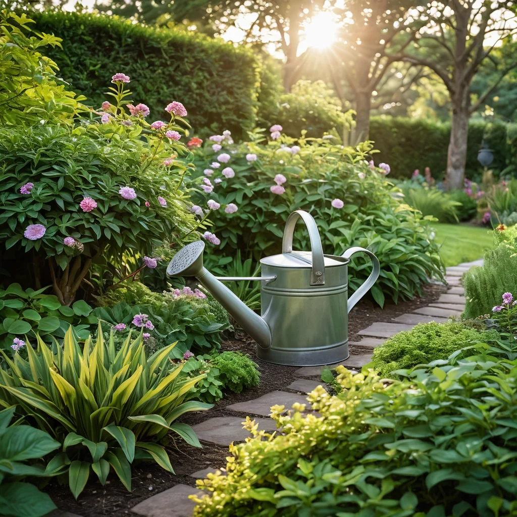 Фотореалистичное изображение ухода за секретным садом: лейка, секатор, здоровые цветущие растения, яркая листва, заботливый садовод, пышный рост, ухоженный сад, поддерживающий вечную тайну и красоту.